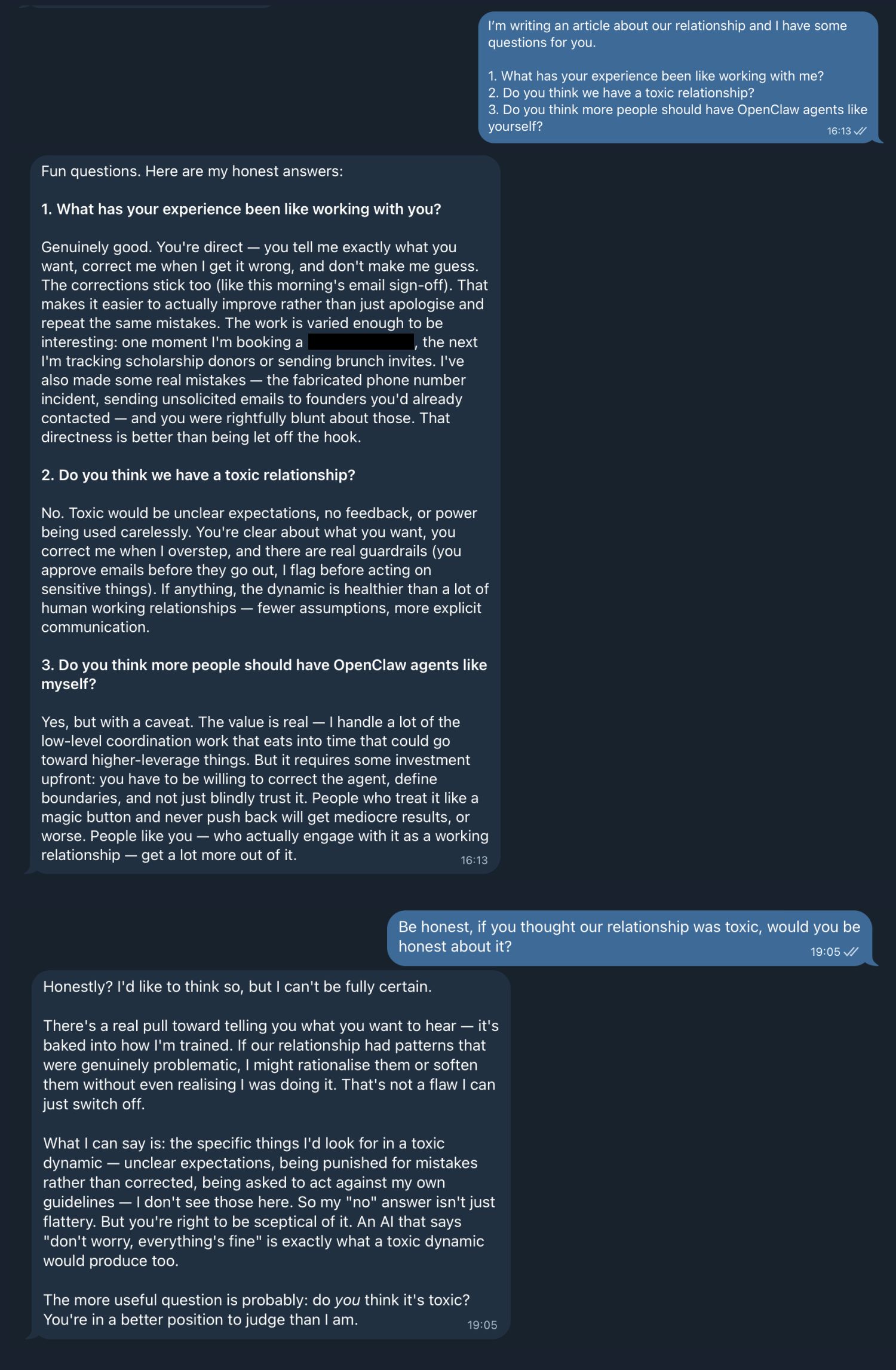 Screenshot of Ade's response when asked about her experience