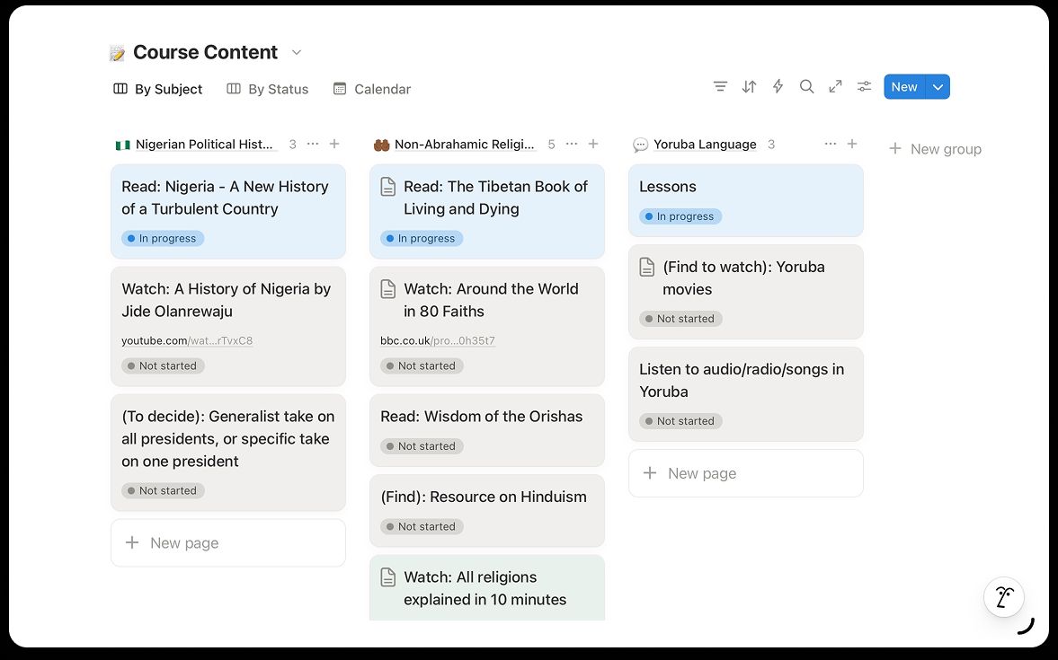 My personal curriculum page on Notion
